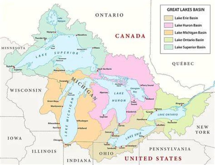 How many lakes border the Great Lakes?