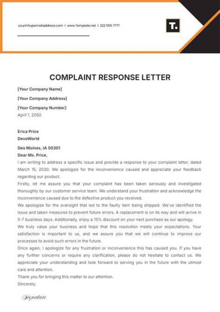 What should be in a response to a complaint?
